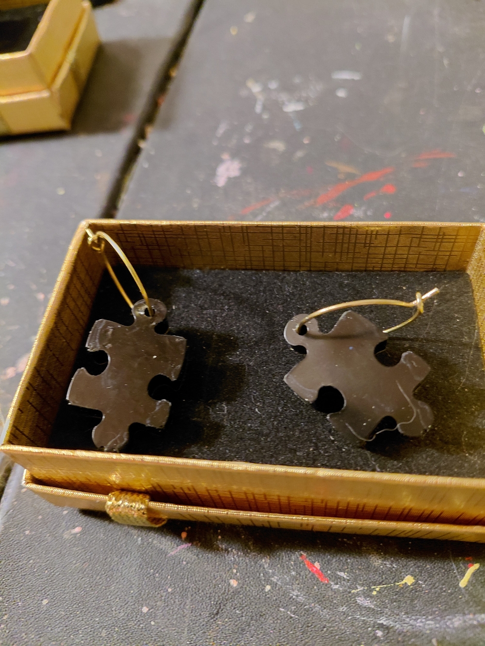 Black Puzzle Piece Hoop Drop Earrings - Women Jewelry